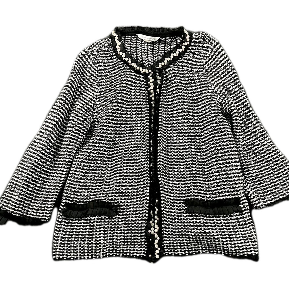 Peter Nygard Cardigan Sweater Womens XS Black White Waffle Knit Beaded Detail